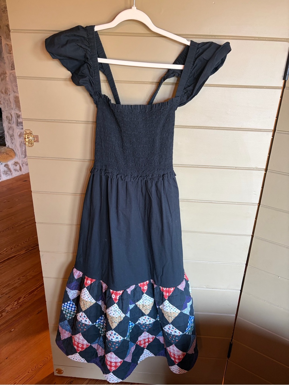 Black Smocked Sundress with Patchwork Hem